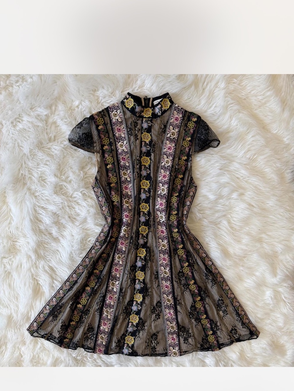 Alice + Olivia Black Lace Mini Dress with Yellow and Pink Floral Trim
